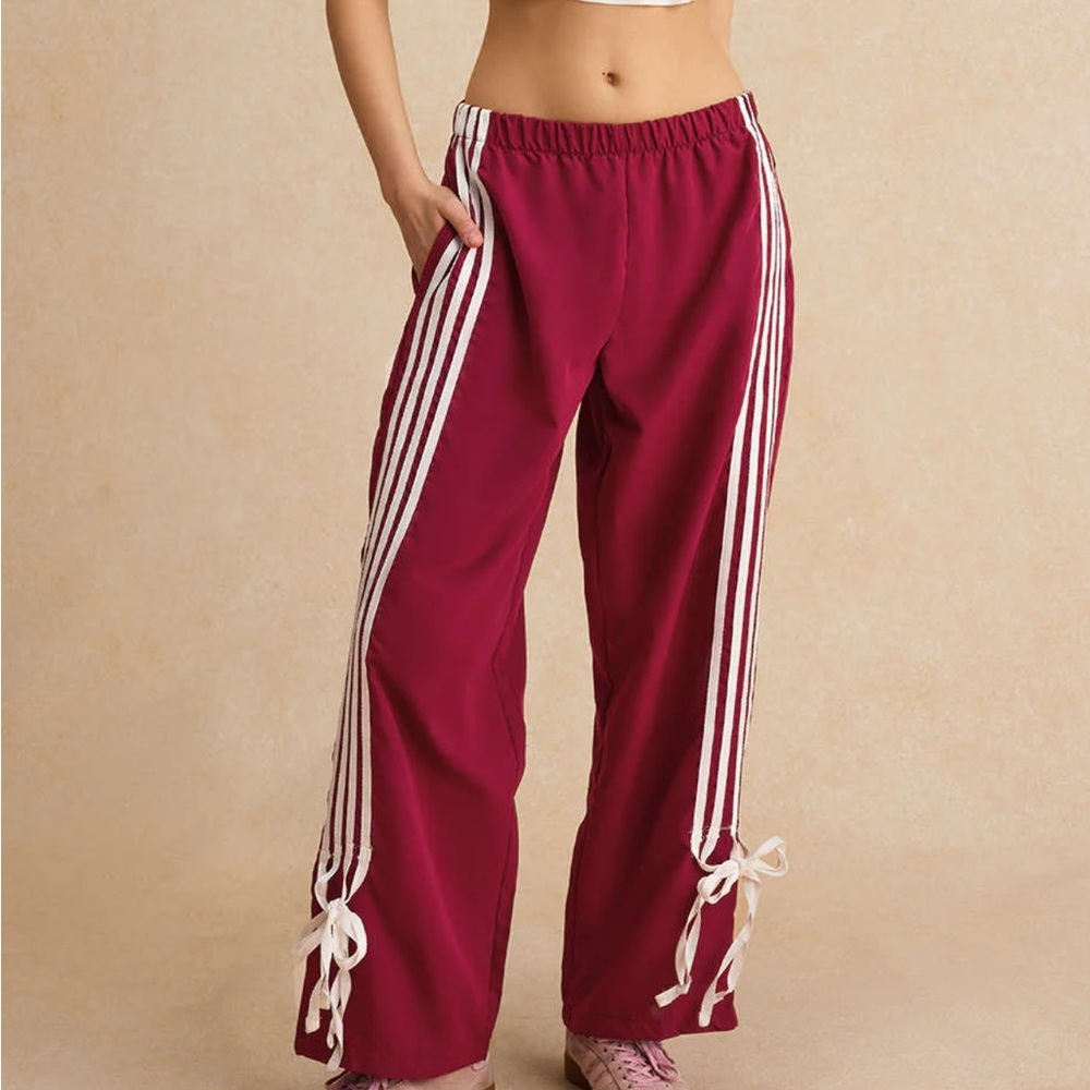 Women's Burgundy Track Pants with White Bow Detail Stripes